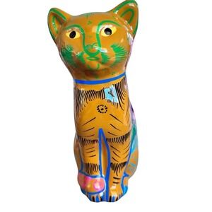 Mexican hand painted Folk Art Colorful terracotta pottery Cat Figurine